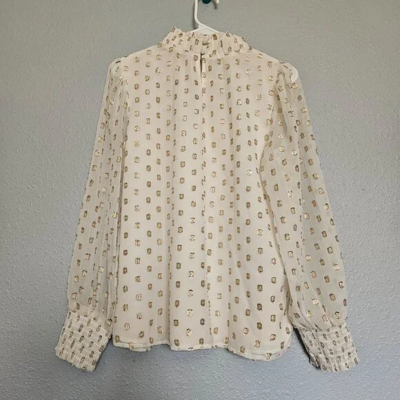 LOFT Clip Ruffle Smocked Blouse Women SZ Medium gauzy top lightweight lined Gold - Picture 5 of 15